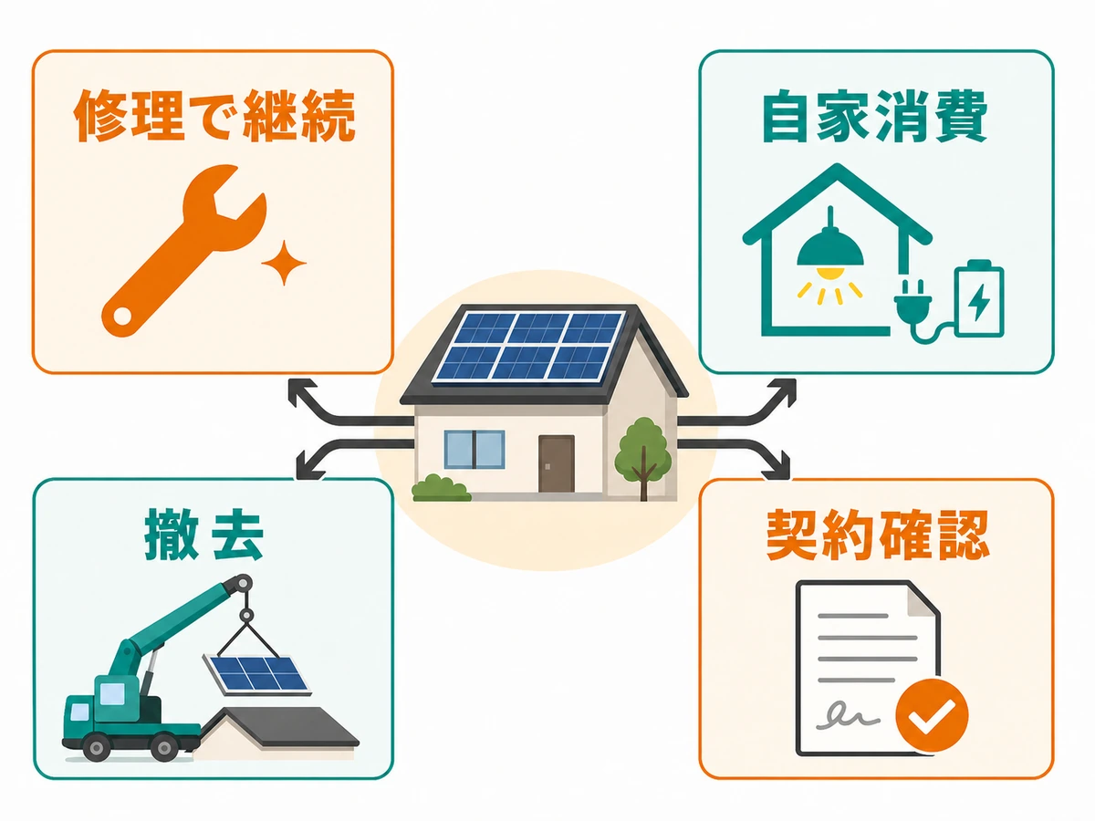 売電収入ゼロの太陽光を修理・自家消費・撤去・契約確認に分ける判断図