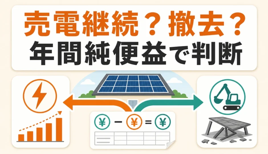 売電単価が下がった太陽光を、年間純便益で売電継続か撤去か判断する図
