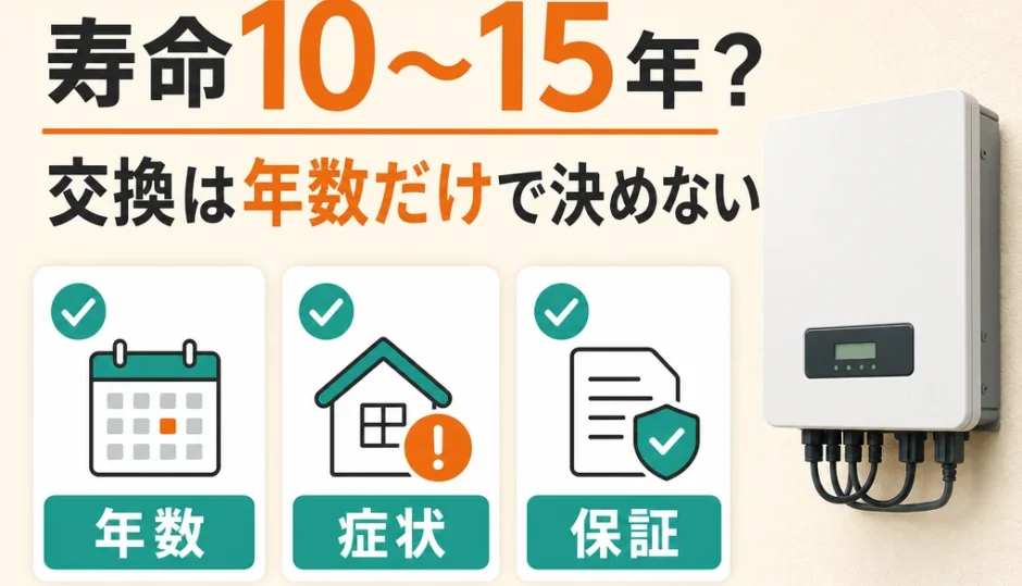 パワコンの寿命を年数・症状・保証で判断することを示す図