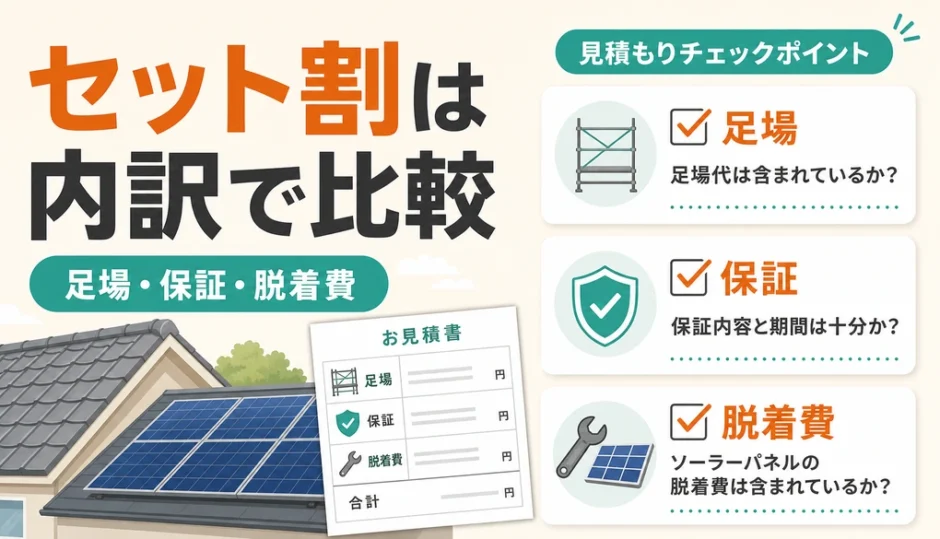 屋根工事と太陽光のセット割を見積もり内訳で比較する図