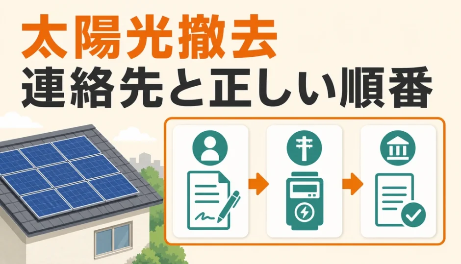 太陽光撤去前に確認する連絡先と手続きの順番を示すサムネイル