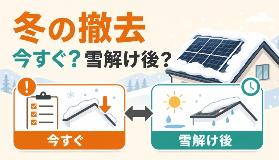 冬の太陽光パネル撤去を今すぐ進めるか雪解け後まで待つかの判断を示す図