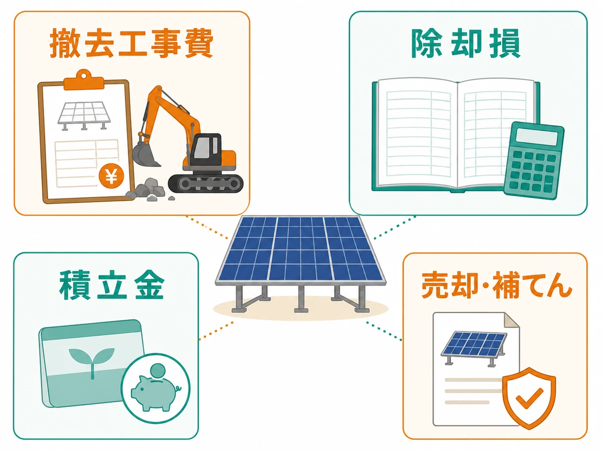 太陽光撤去で分けて確認する撤去工事費、除却損、積立金、売却・補てんの図