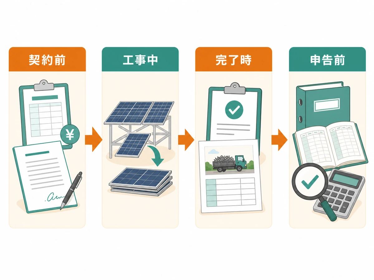 太陽光撤去の契約前、工事中、完了時、申告前の確認順を示す図