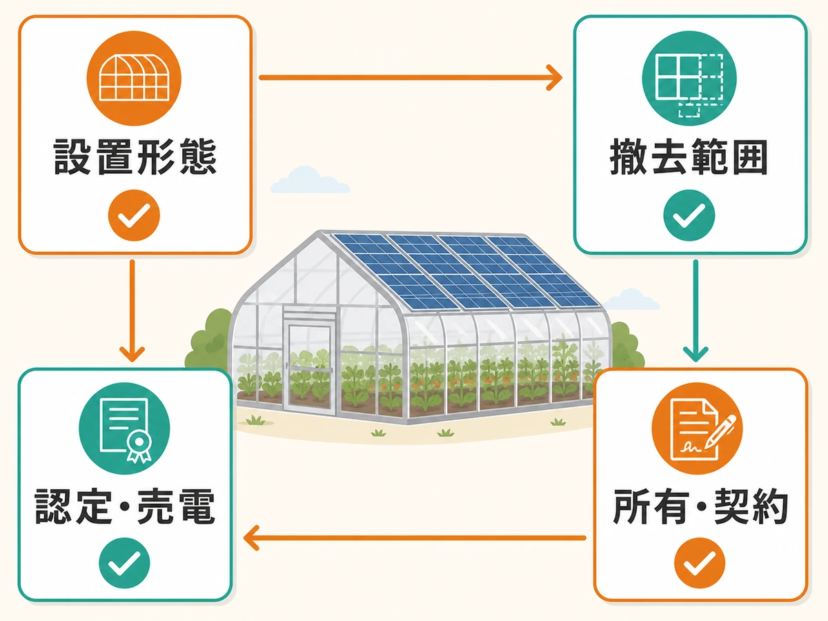農業用ハウスの太陽光撤去前に設置形態・撤去範囲・所有契約・認定売電を確認する流れ
