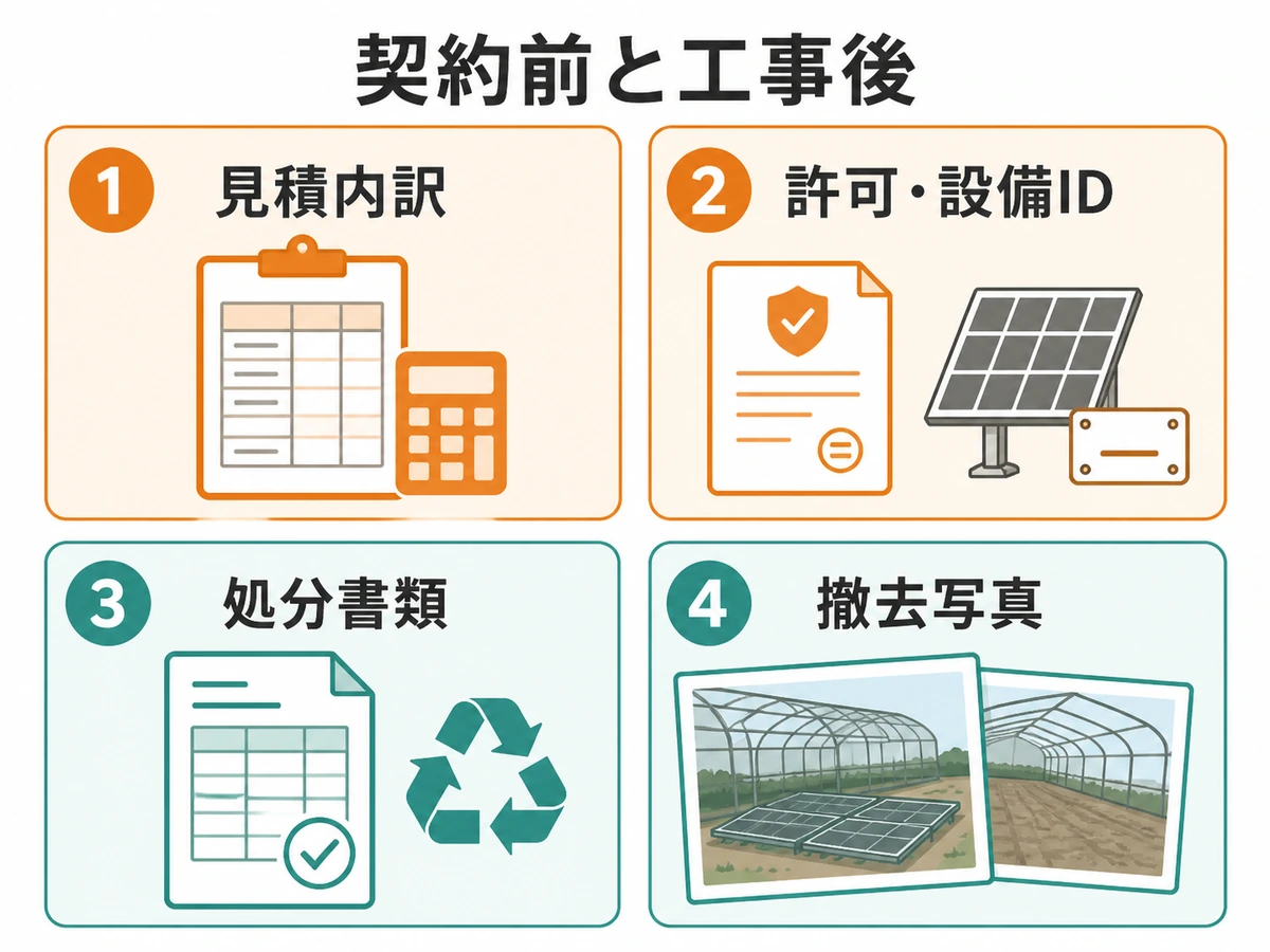 農業用ハウスの太陽光撤去で契約前と工事後に確認する見積・許可・処分書類・写真
