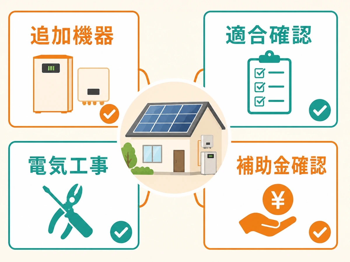 自家消費化の費用を追加機器・適合確認・電気工事・補助金確認に分けた図