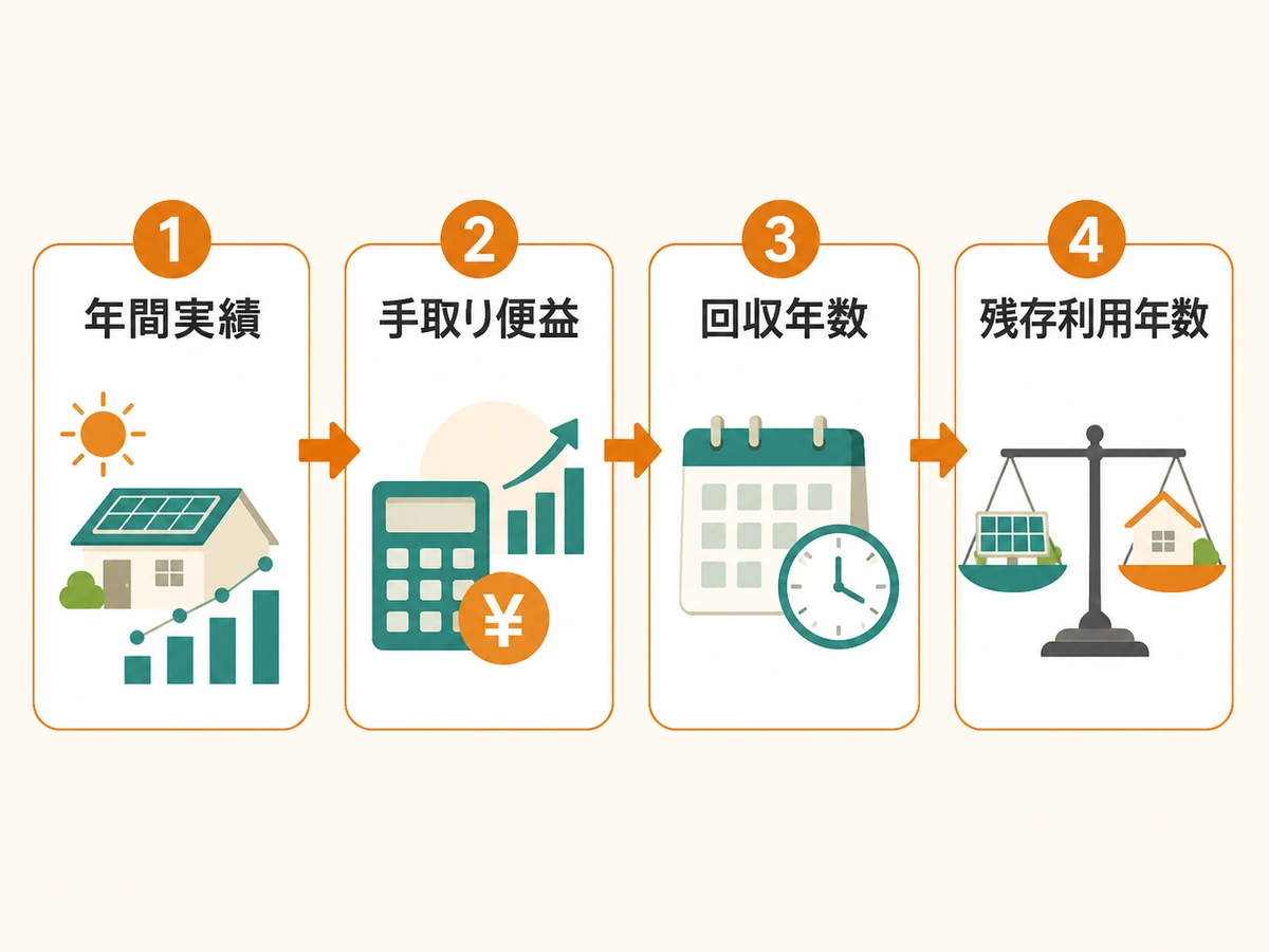 年間実績から手取り便益と回収年数を出し残存利用年数と比べる流れ