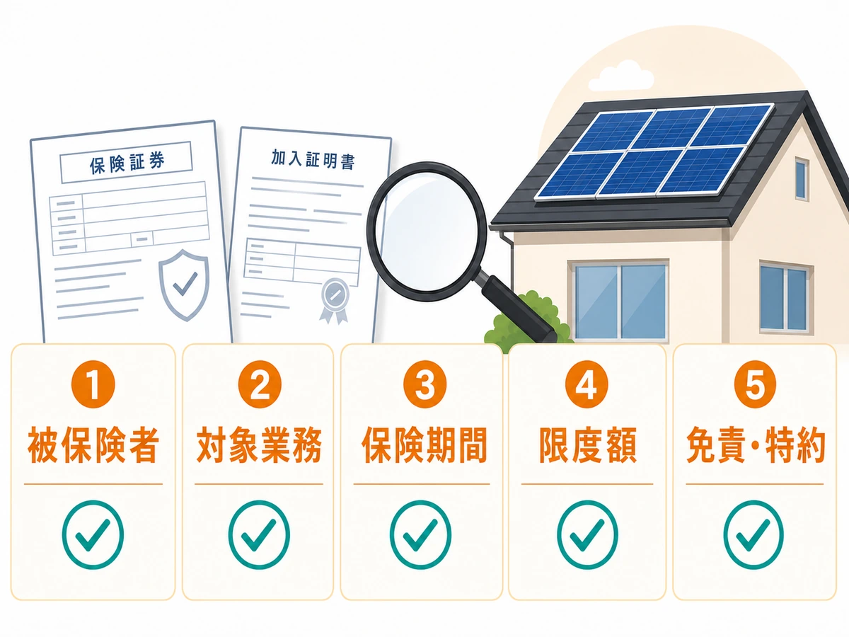 保険証券や加入証明で被保険者、対象業務、期間、限度額、免責を確認する図