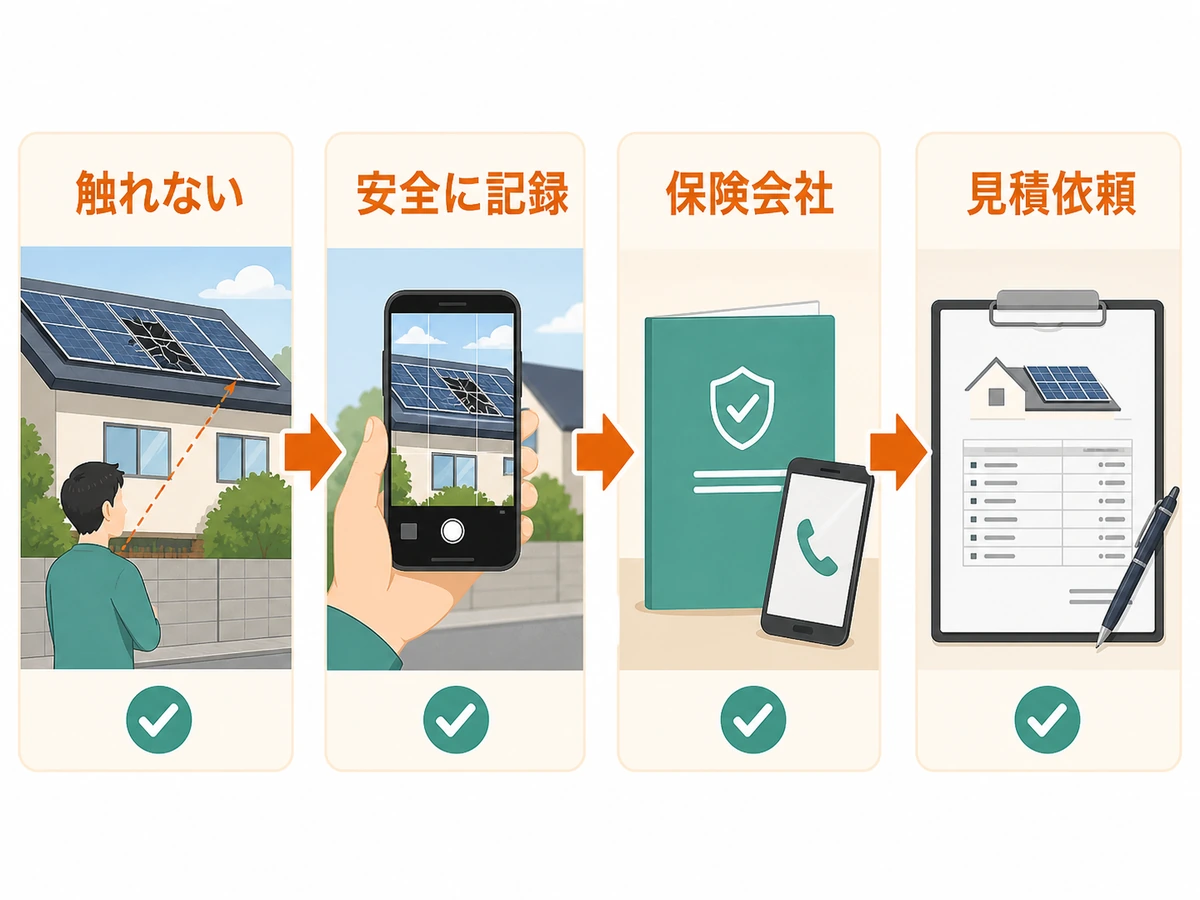 太陽光パネル被害後に触れず、安全に記録し、保険会社へ連絡してから見積もりを依頼する流れ