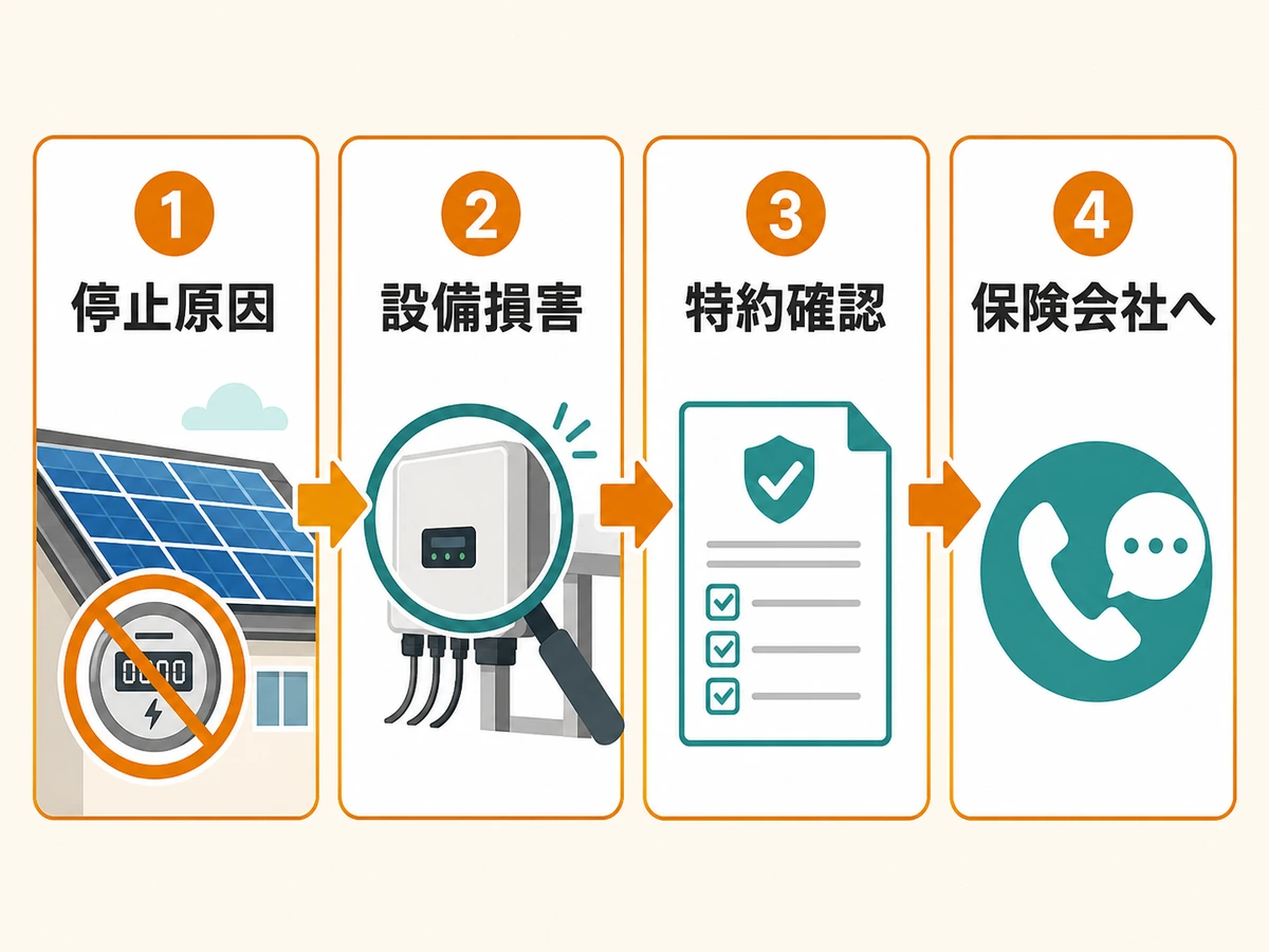 売電損失の保険適用を停止原因・設備損害・特約・保険会社の順に確認する図