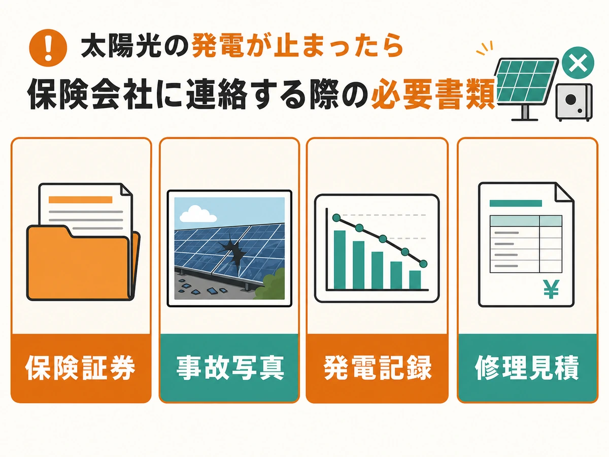 保険会社への連絡前に保険証券・事故写真・発電記録・修理見積を揃える図