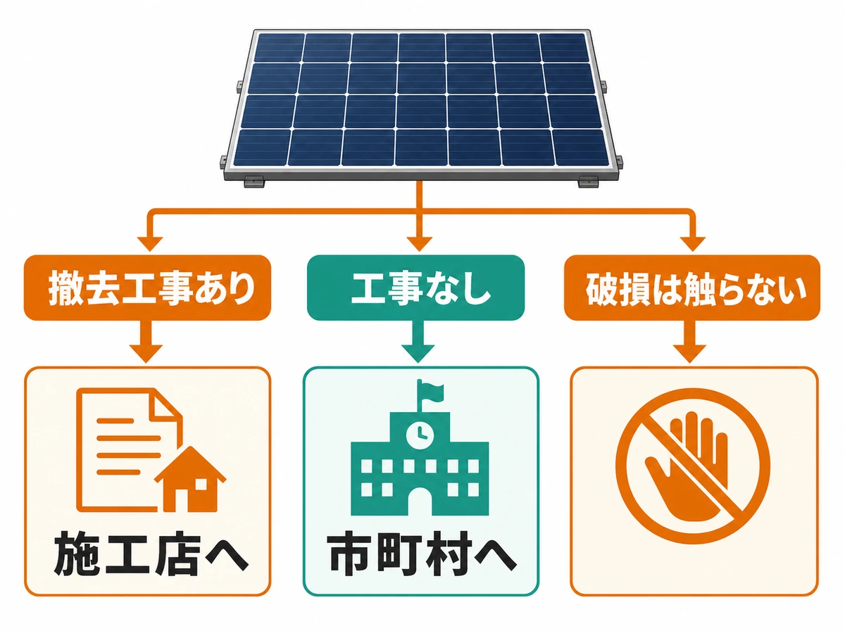 太陽光パネルの撤去工事の有無と破損状態から施工店・市町村への確認先を選ぶ図