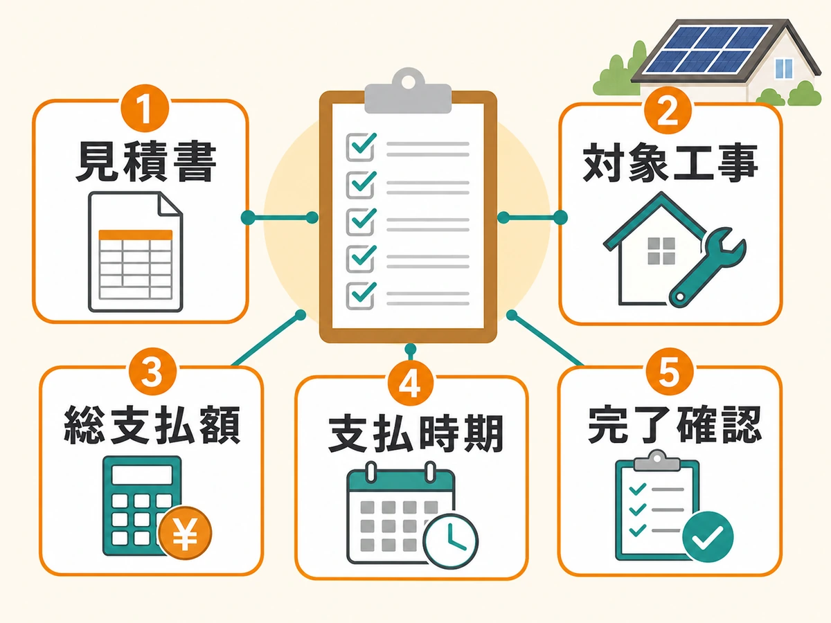 太陽光撤去の契約前に見積書、対象工事、総支払額、支払時期、完了確認を確認する図