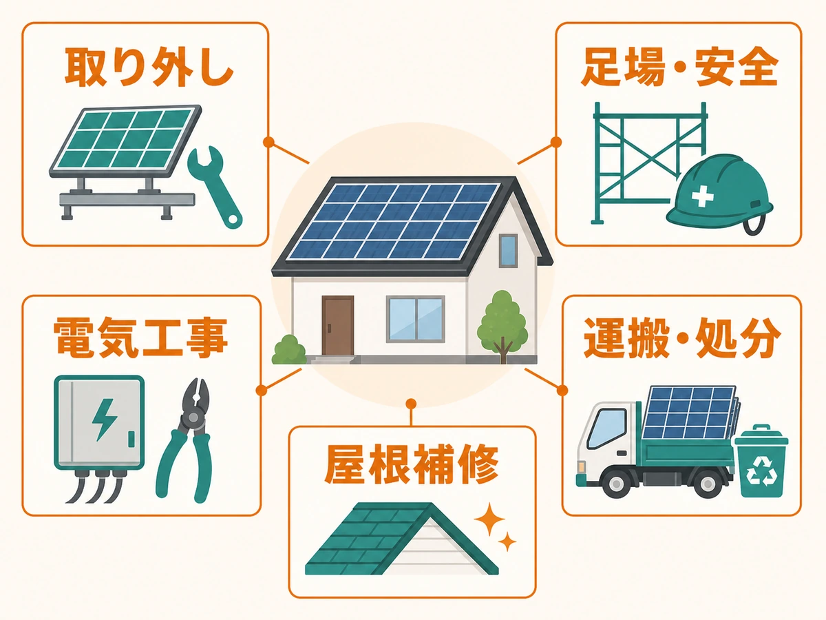 太陽光パネル撤去の見積もりを取り外し・足場・電気工事・運搬処分・屋根補修に分けた図