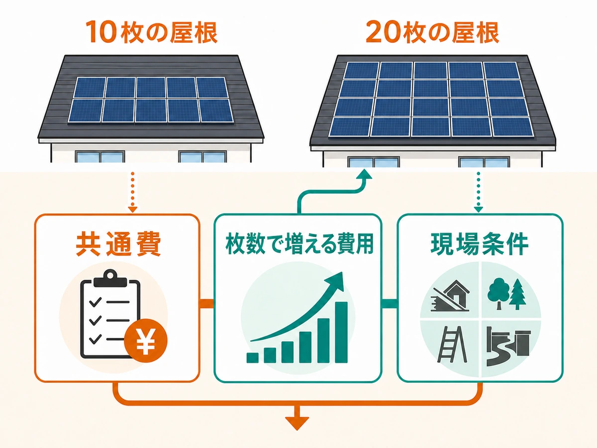 太陽光パネル撤去費用を共通費・枚数で増える費用・現場条件に分けた図
