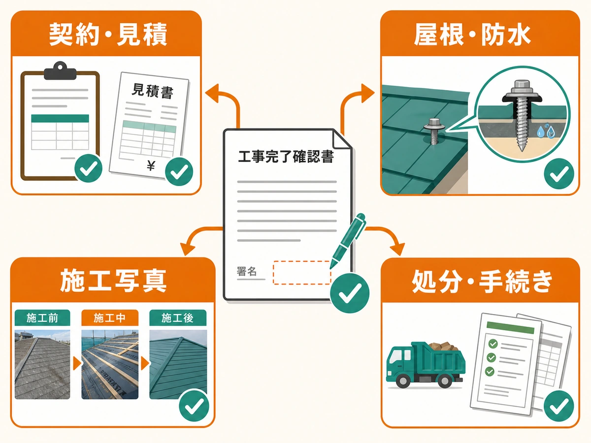 工事完了確認書への署名前に契約、屋根防水、施工写真、処分手続きを確認する図