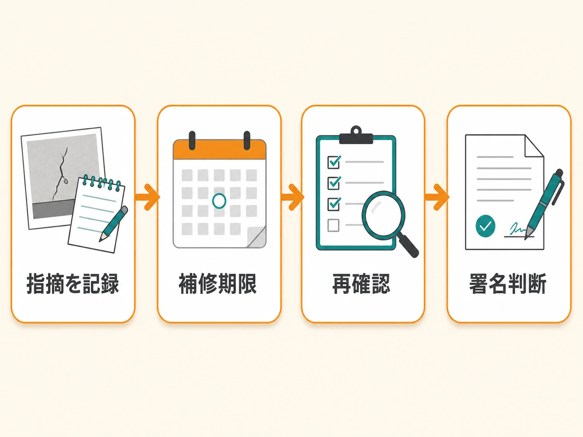太陽光撤去工事の不備を記録し、補修期限と再確認を経て署名を判断する流れ