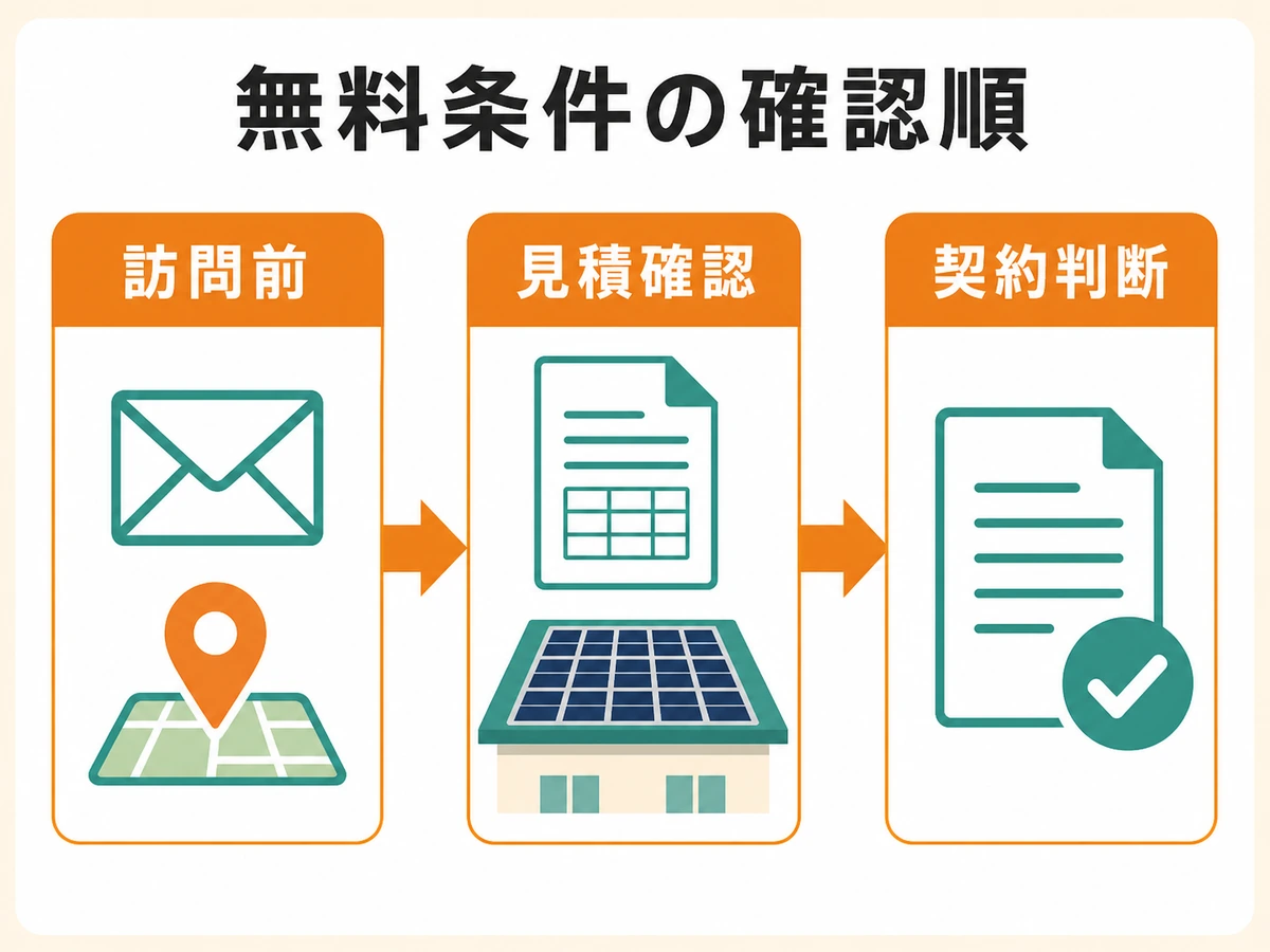 太陽光撤去の無料条件を訪問前、見積確認、契約判断の順に確認する流れ