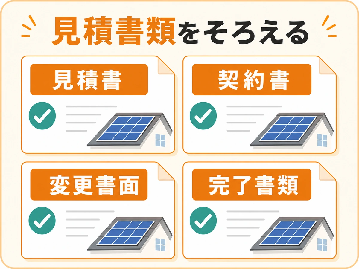 太陽光撤去で見積書、契約書、変更書面、完了書類をそろえるチェック図