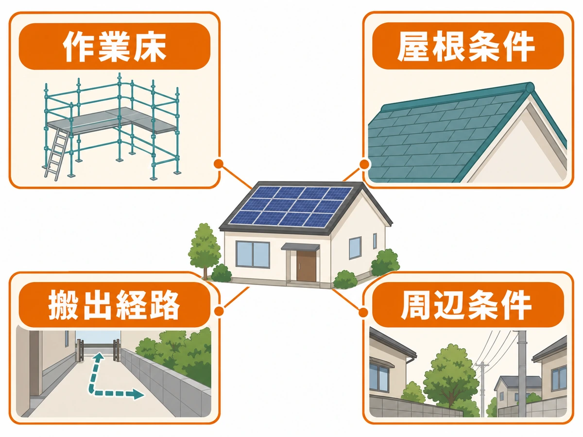 足場の要否を決める作業床・屋根条件・搬出経路・周辺条件の4項目