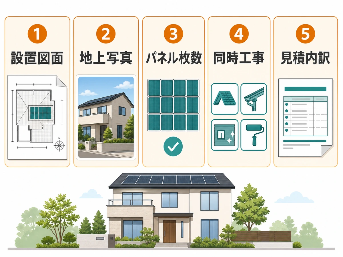 屋根に上らず準備する設置図面・地上写真・パネル枚数・同時工事・見積内訳のチェック