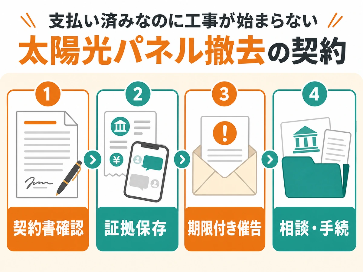 太陽光撤去工事が未着工のときに契約書確認から相談まで進む4段階