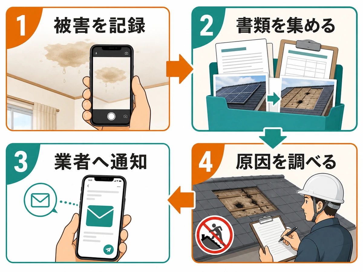 太陽光撤去後の雨漏りで被害記録、書類整理、業者通知、原因調査を行う4ステップ