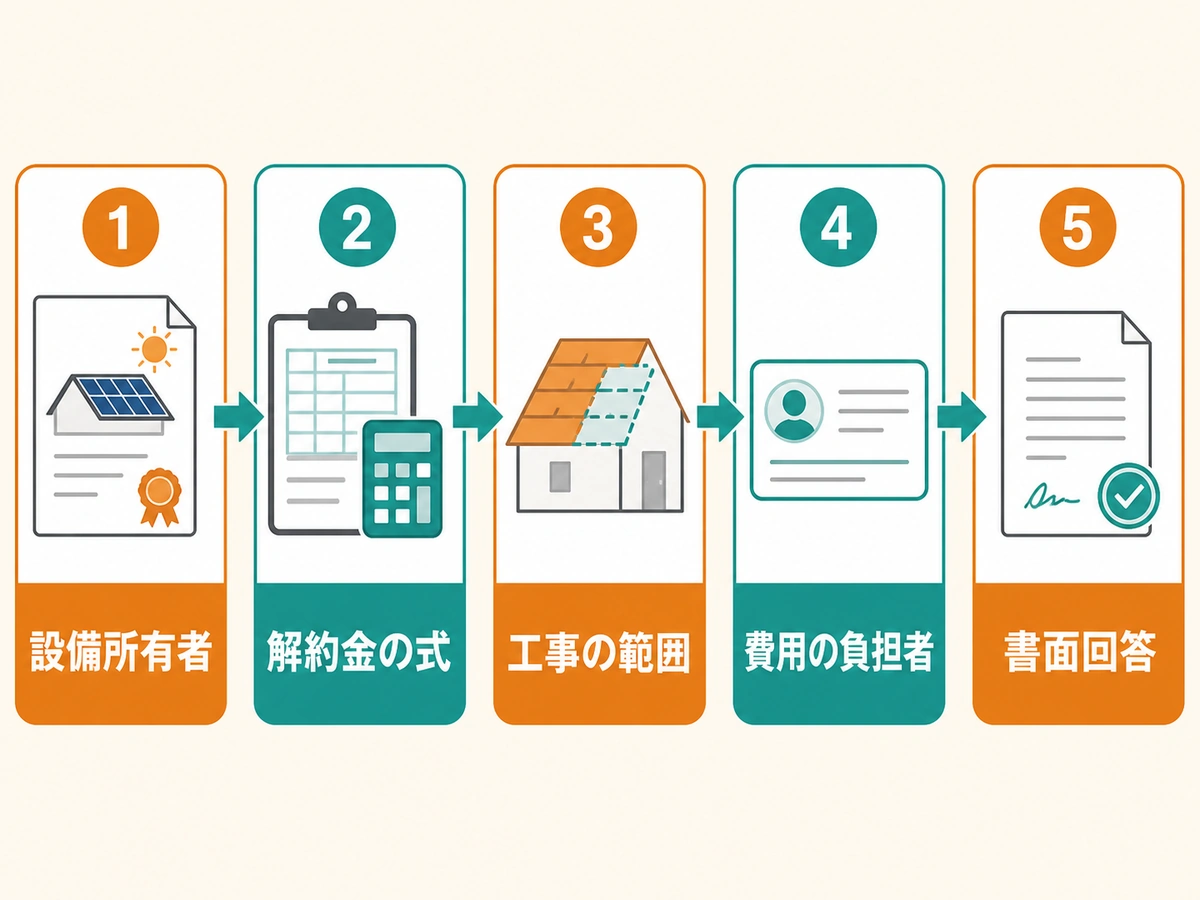 PPA太陽光の撤去前に設備所有者、解約金の式、工事範囲、費用負担者、書面回答を確認する流れ