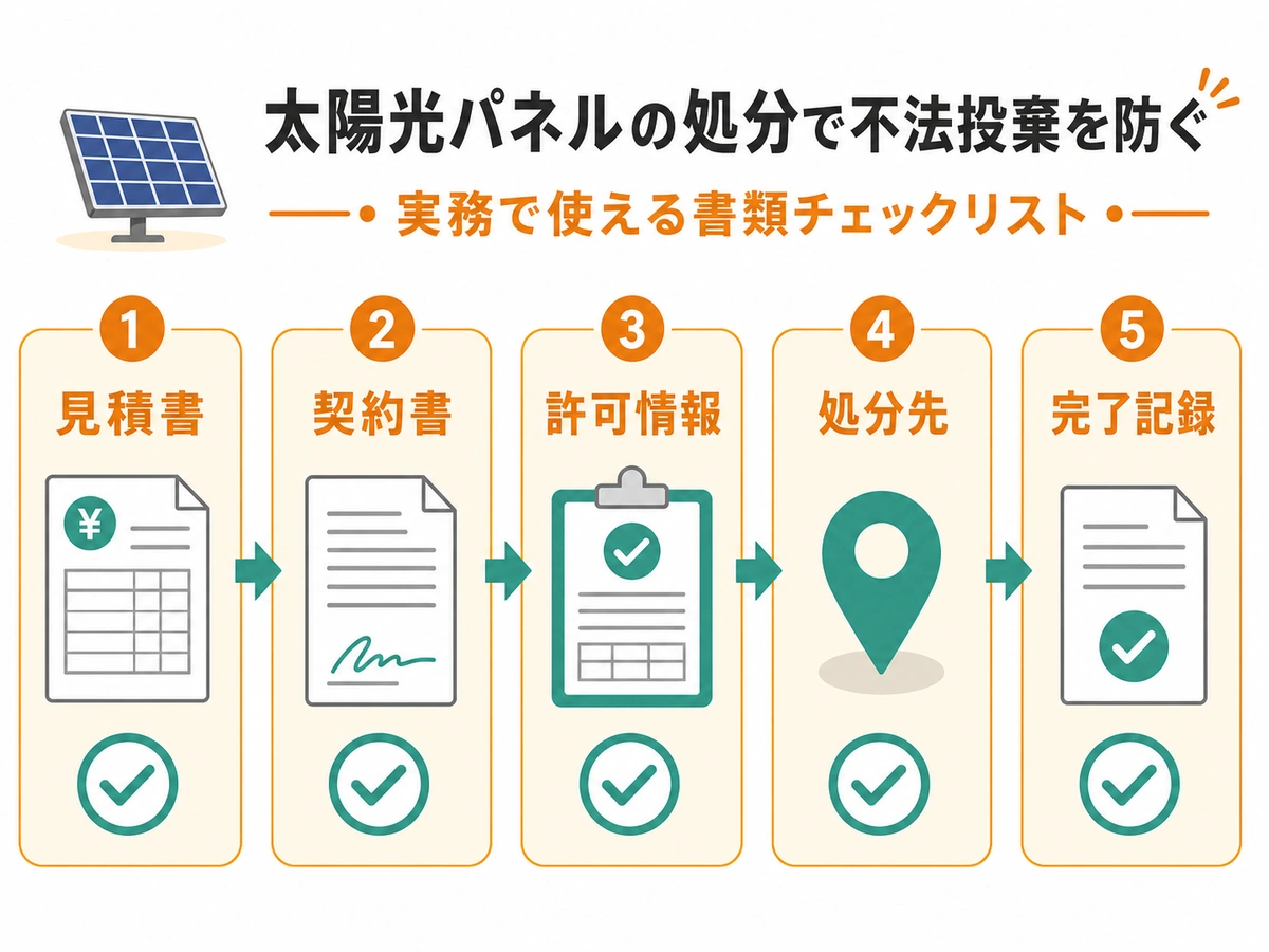 太陽光パネル処分を依頼する前に見積書、契約書、許可情報、処分先、完了記録を確認する流れ