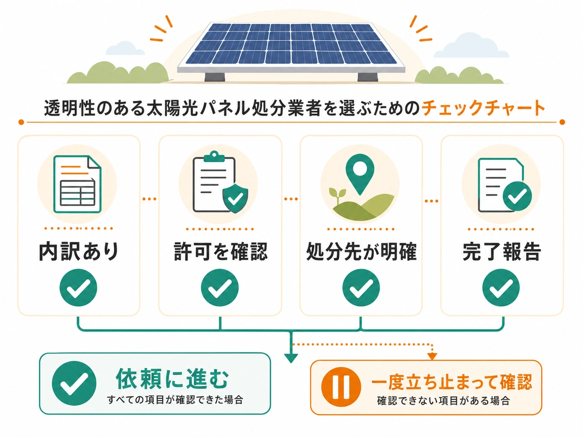 太陽光パネル処分業者を内訳、許可、処分先、完了報告で判断する図