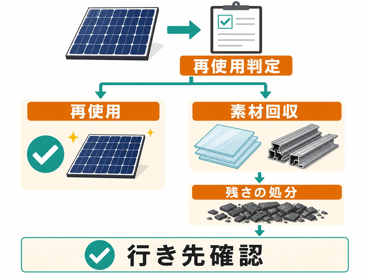撤去した太陽光パネルを再使用判定から素材回収・残さ処分へ分ける流れ