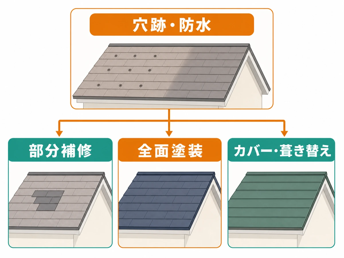 太陽光パネル撤去後の屋根状態から補修方法を選ぶ判断図