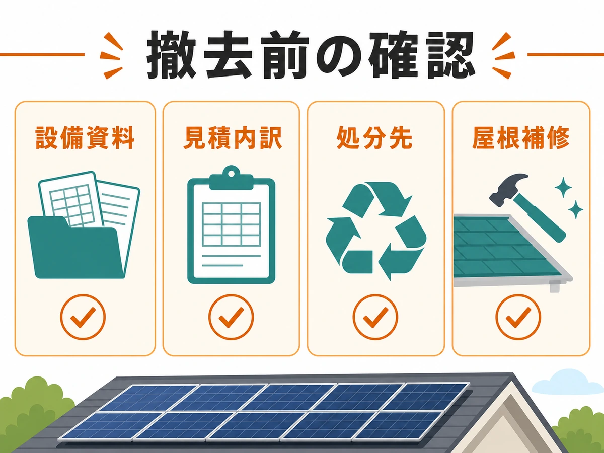 太陽光パネル撤去前に確認する設備資料、見積内訳、処分先、屋根補修のチェックリスト