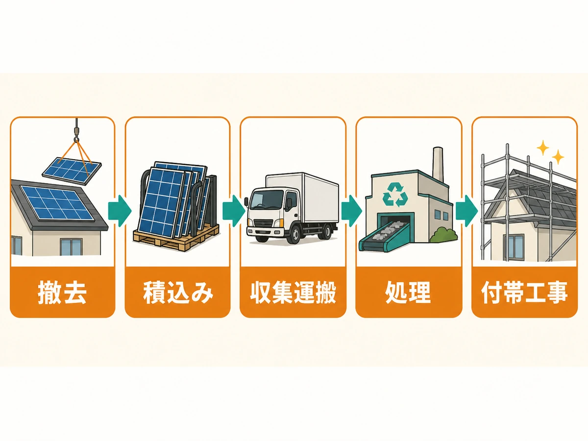 太陽光パネル撤去から積込み、収集運搬、処理、付帯工事までの費目