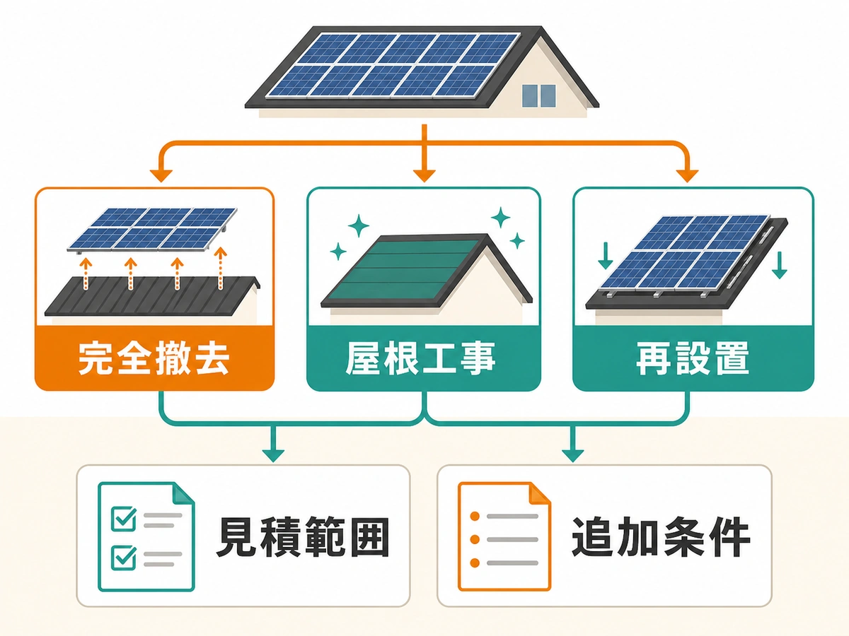 完全撤去・屋根工事・再設置から見積範囲と追加条件を確認する判断図