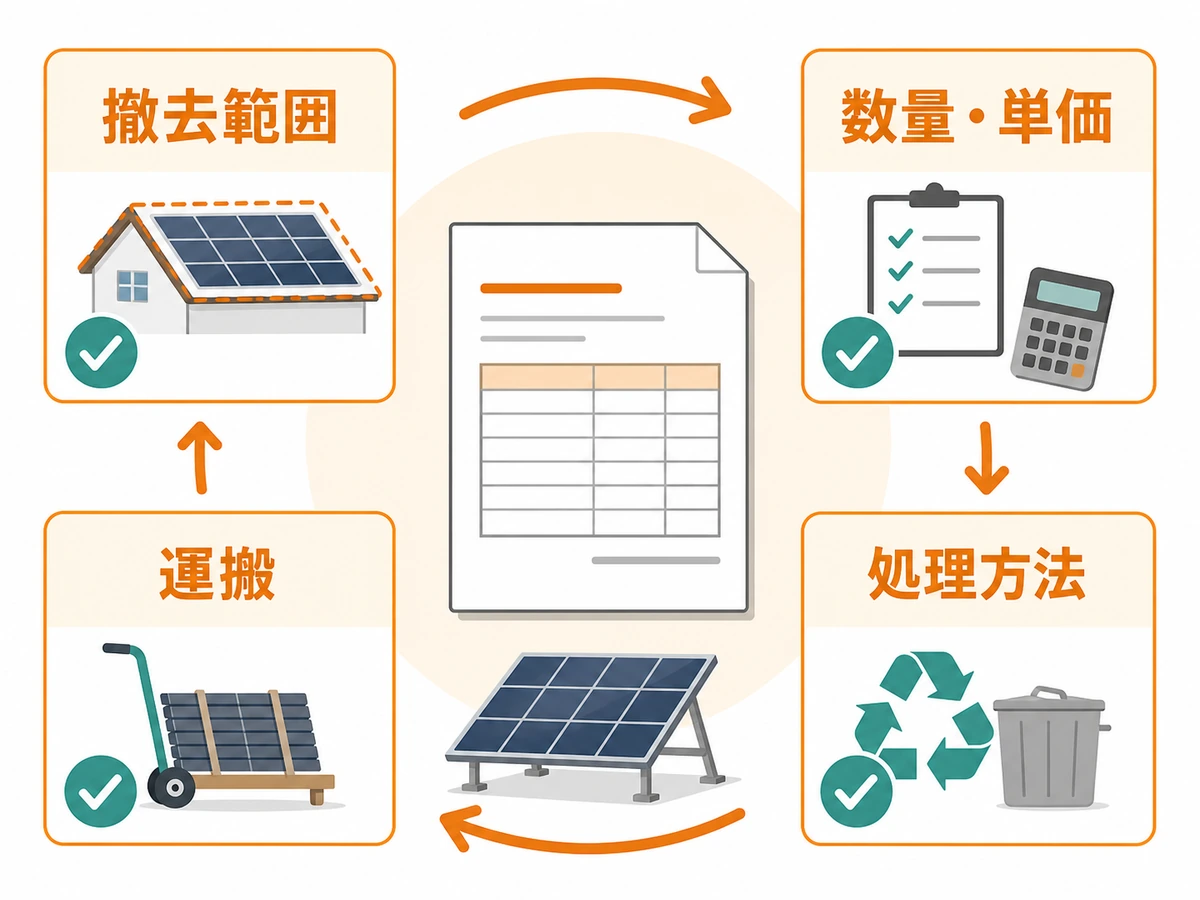 太陽光パネル処分費の見積もりで撤去範囲・数量と単価・運搬・処理方法を確認する図