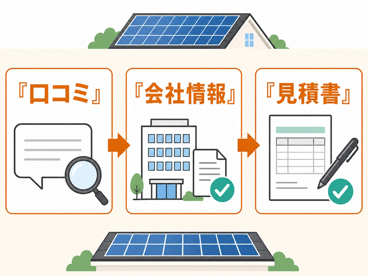 口コミ、会社情報、見積書の順に太陽光撤去業者を確認する流れ