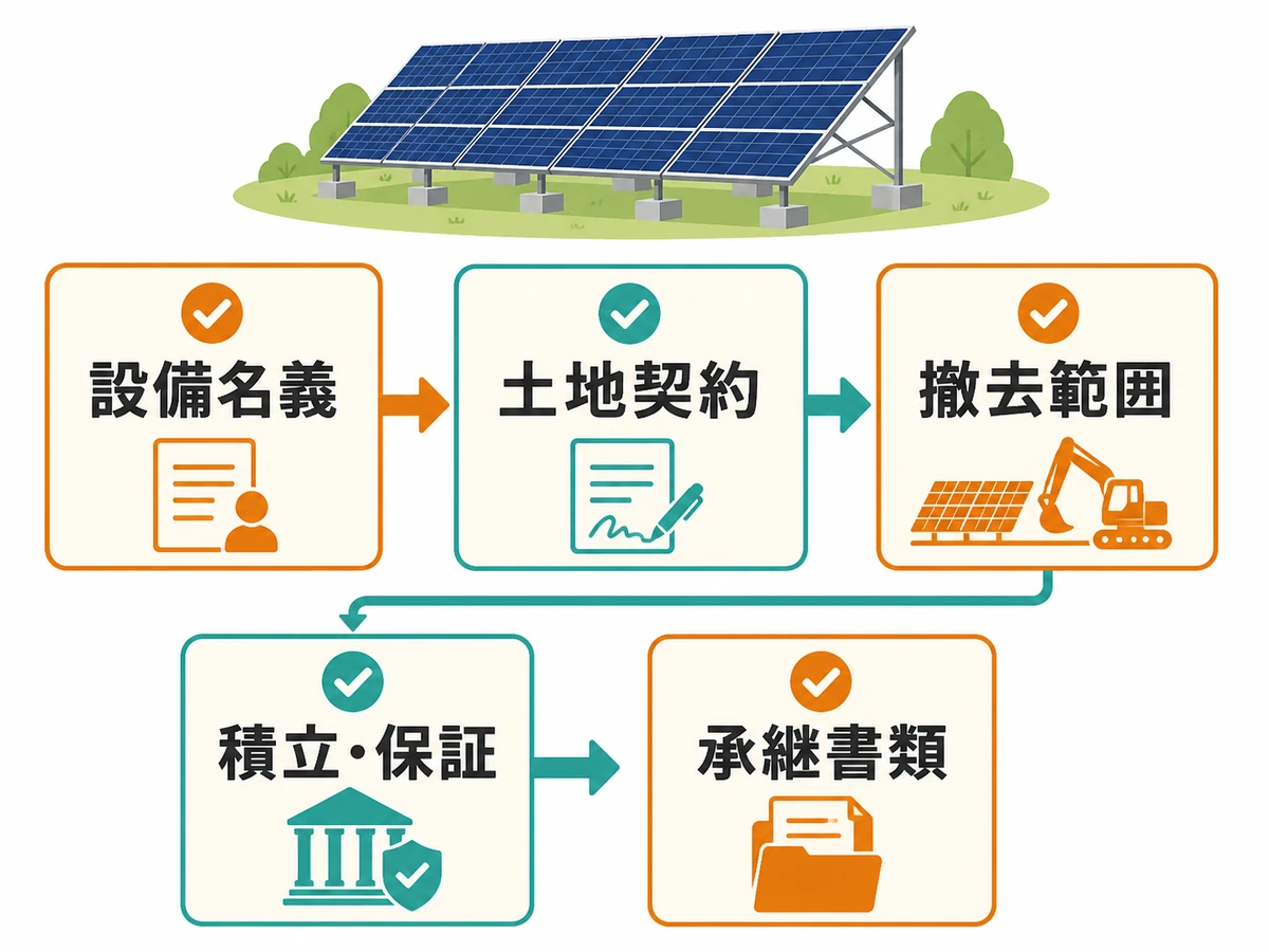 野立て太陽光の撤去費負担を設備名義・土地契約・撤去範囲・積立保証・承継書類の順に確認する図
