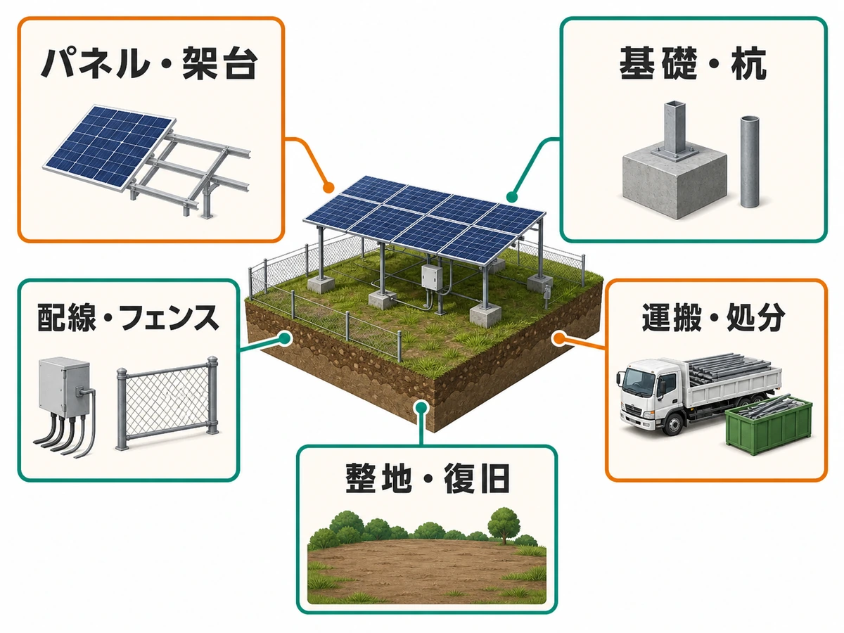 野立て太陽光の撤去範囲をパネル架台・基礎杭・配線フェンス・運搬処分・整地復旧に分けた図