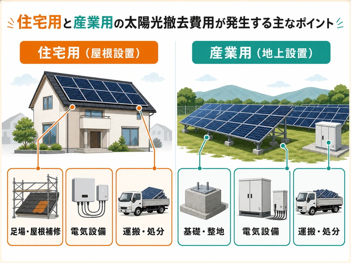 住宅用の足場・屋根補修と産業用の基礎・整地など太陽光撤去費用の差を示す図