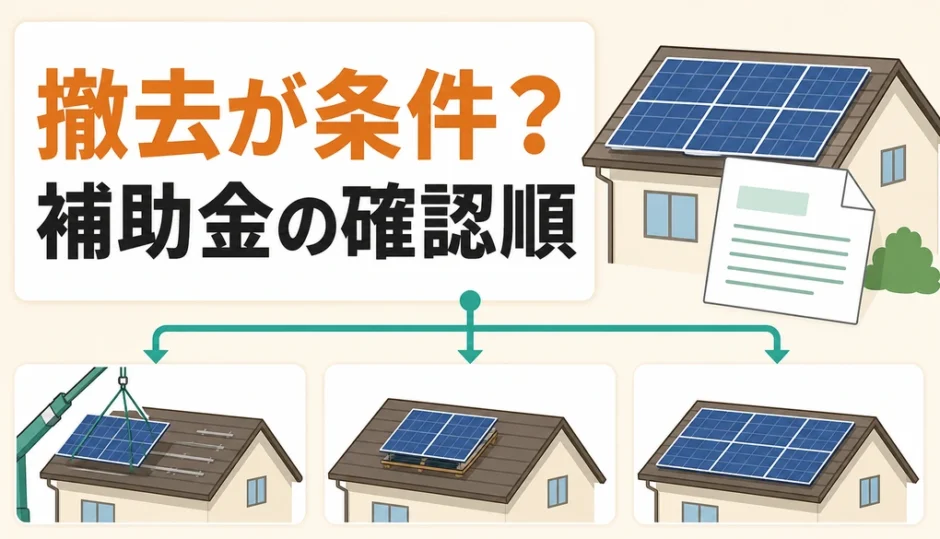 太陽光撤去が補助金の条件かを確認する屋根と制度書類の図