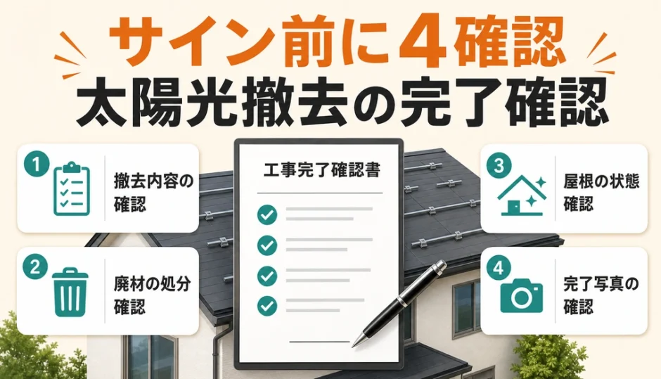 太陽光撤去の工事完了確認書へサインする前の4項目を示す図