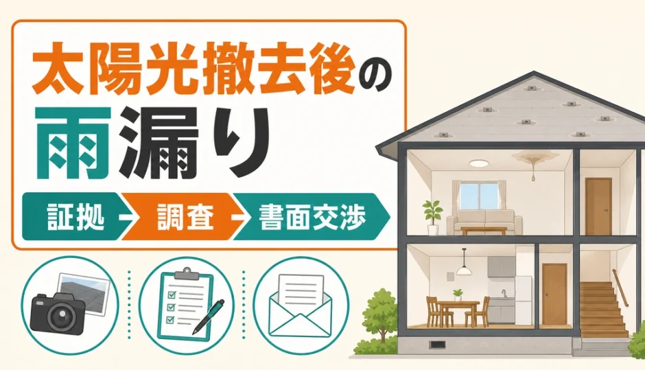 太陽光撤去後の雨漏りで証拠、調査、書面交渉の順を示す図