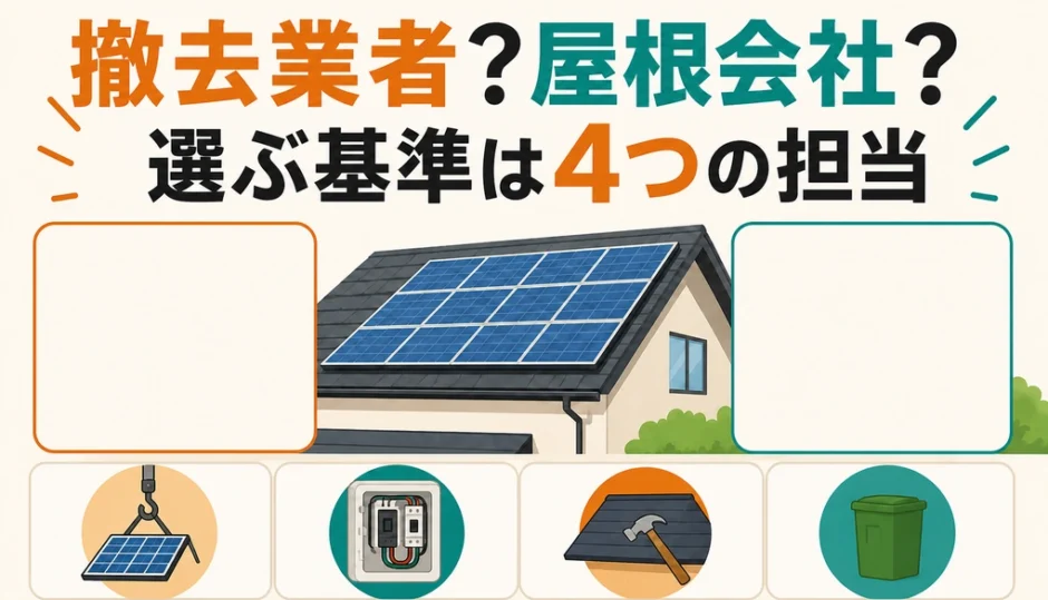 太陽光撤去の専門業者と屋根工事会社を4つの担当で選ぶ比較図