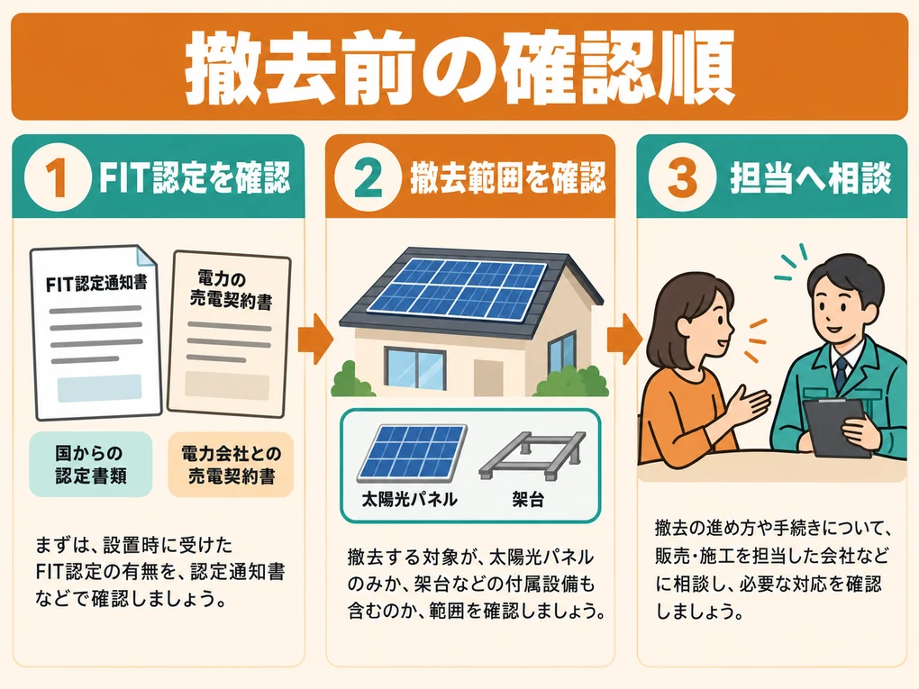 FIT認定と撤去範囲を確認して担当へ相談する三段階の図