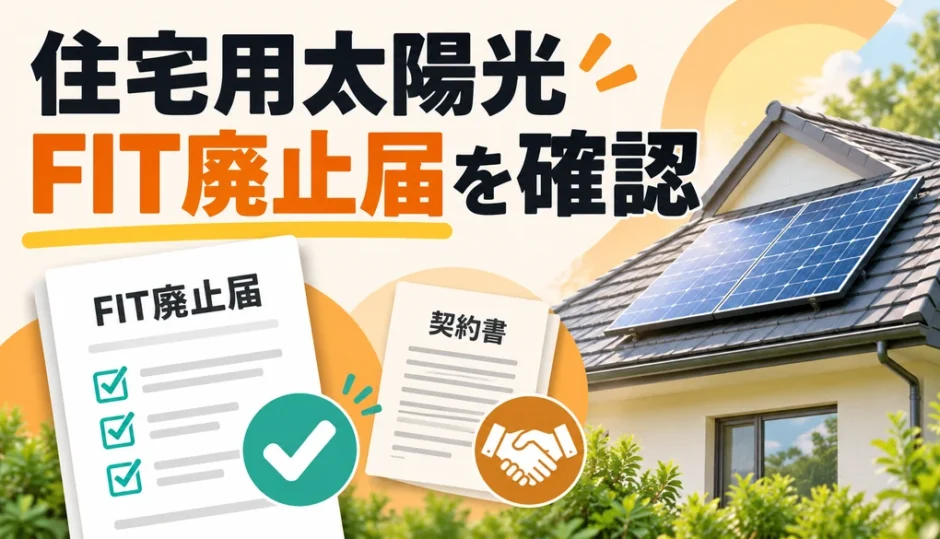住宅用太陽光のFIT廃止届を確認する家と書類の図